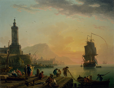 boat on body of water near people on dock illustration thumbnail