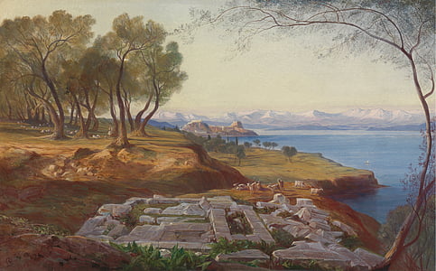 concrete pavement near tree and body of water painting thumbnail