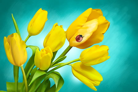 red ladybug perched on yellow tulip painting thumbnail