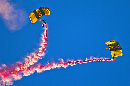two person parachuting while releasing red smoke thumbnail