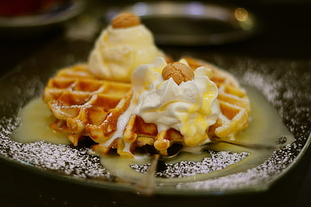round waffle pancake with ice cream toppings thumbnail