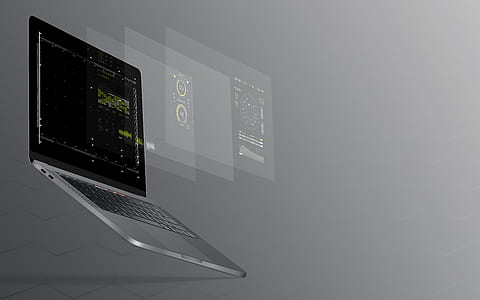 black laptop computer turned on with grey background thumbnail