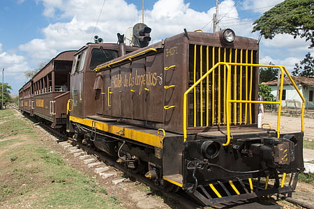 train on rail beside trees thumbnail
