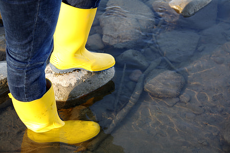 person wearing pair of yellow rain boots thumbnail