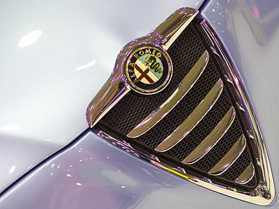 chrome-colored ALFA ROMEO emblem close-up photography thumbnail