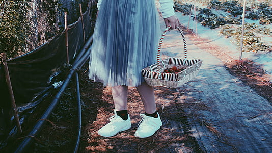 woman carrying woven basket standing beside fence thumbnail