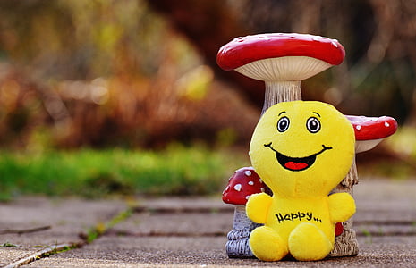 Happy plush toy beside mushroom on floor thumbnail