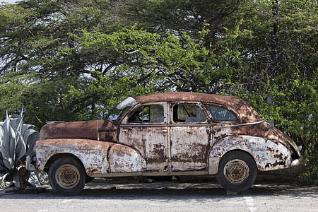 abandoned classic brown and white sedan parked at roadside near tree at daytime thumbnail