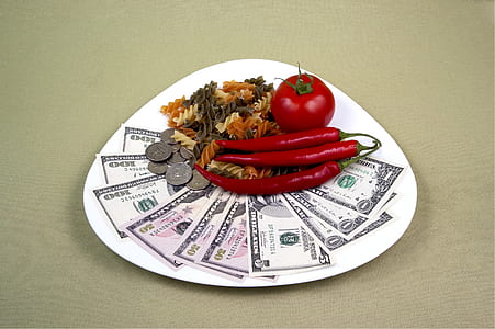 fan of U.S. dollar banknote, coin, chili, and pasta illustration thumbnail