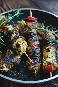Chicken skewers on a wooden background thumbnail