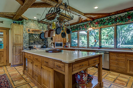 rectangular brown and gray wooden table inside the kitchen thumbnail