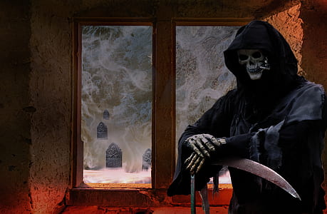 grim reaper costume near brown window inside room thumbnail