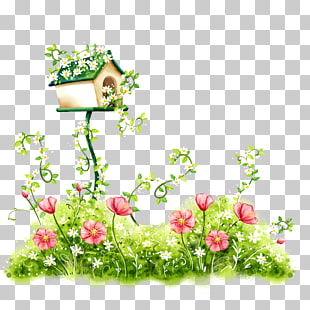 Flower , Hand-painted flowers, birdhouse above red flowers illustration PNG clipart