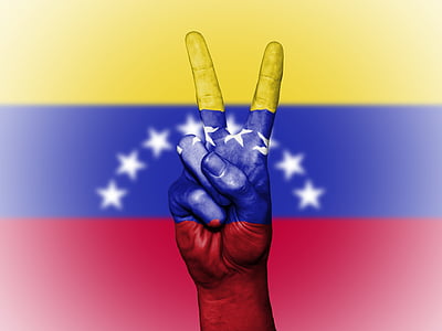 yellow, blue, and red stripe flag with peace hand sign thumbnail