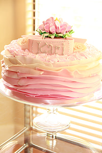 pink Kari cake on glass cake stand thumbnail