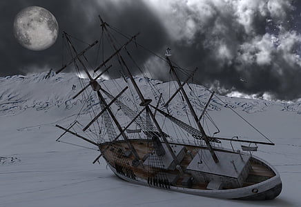 brown and gray galleon shin on snow near snow cap mountain under full moon thumbnail