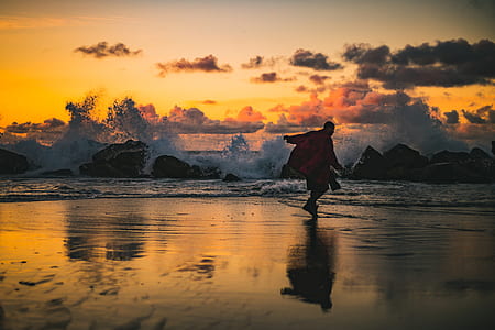 silhouette of man on seashore during golden hour thumbnail