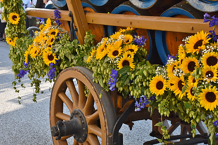 sunflower filled wagon with barrel on road taken during daytime thumbnail