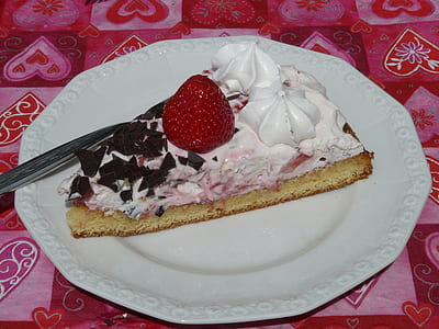 strawberry and white icing cake on white ceramic plate thumbnail