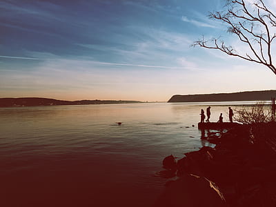 silhouette photography of four people standing on dock thumbnail