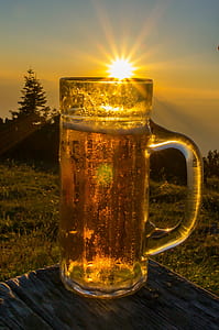 clear glass beer mug on the side of table during golden hour thumbnail