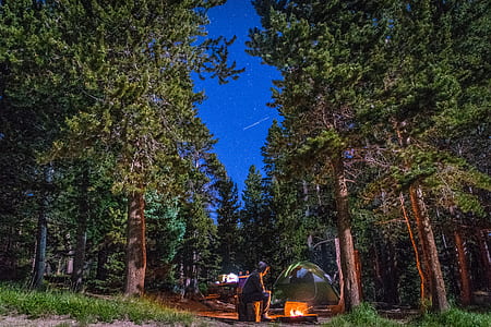 person lighting a bonfire in forest near camping tent thumbnail