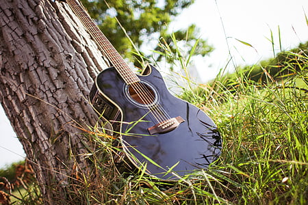 black acoustic guitar on green grass field thumbnail