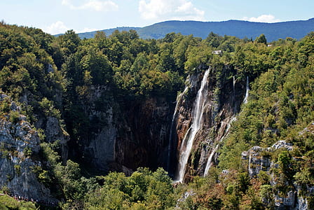 waterfalls surrounding trees under white sky thumbnail