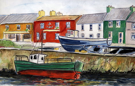 green and red boat beside walkway painting thumbnail