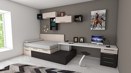 White and Black Desk Beside Bed and Window thumbnail