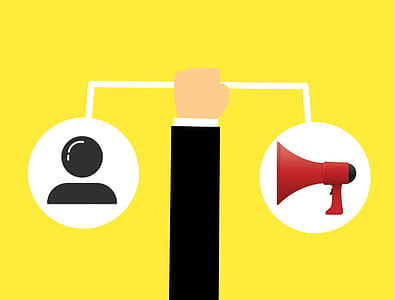 Illustration for marketing - arm holding up icons of people and bullhorn. thumbnail