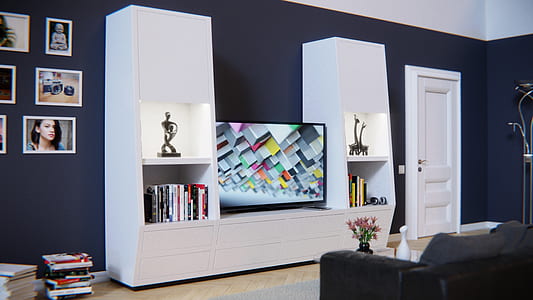 flat screen TV on modern entertainment center thumbnail