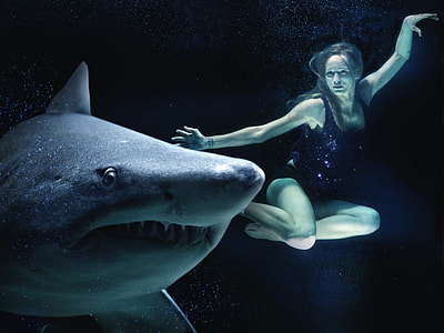 woman in black swimsuit underwater near shark thumbnail