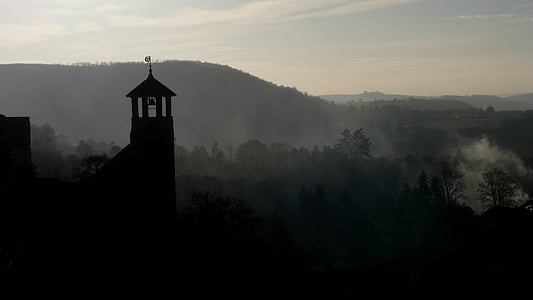 silhouette of castle near mountain thumbnail
