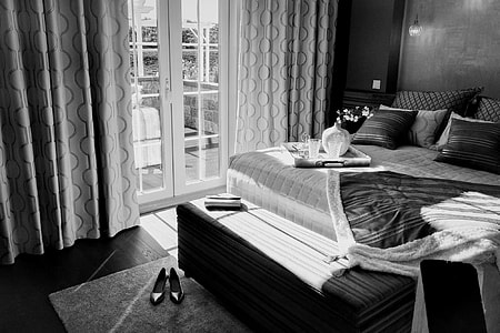 grayscale photo of bedroom thumbnail