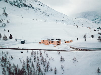 white and brown concrete building on snow covered surface near mountain and forest thumbnail
