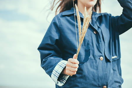 girl, grass, wheat, coat thumbnail