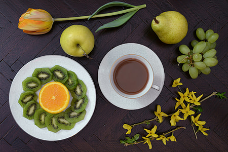 Overhead shot of coffee and fruit thumbnail