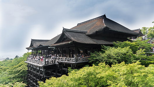 group of people gather on brown and gray wooden establishment surrounded by trees thumbnail