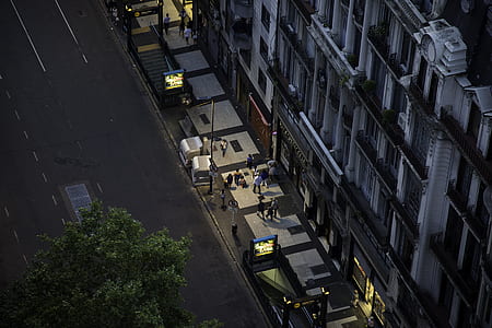 bird's eye view of people walking near buildings thumbnail