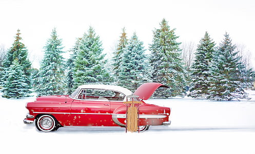 classic red coupe near green pine trees during snow weather thumbnail