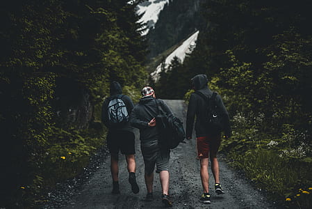 three man walking in middle of road surrounded by green trees during daytime thumbnail