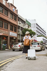 woman pulling white hardside luggage thumbnail