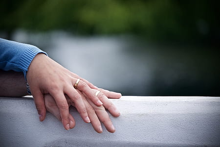 two human hands with gold-colored rings selective focus photography thumbnail