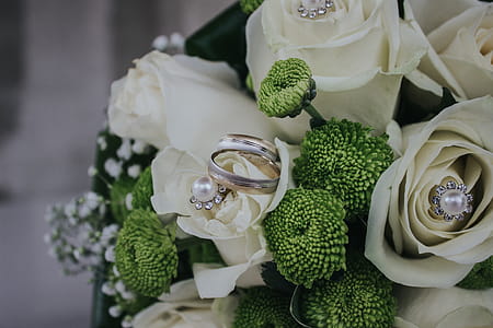 Red and Green Petaled Flowers Bouquet With Silver-colored Ring thumbnail