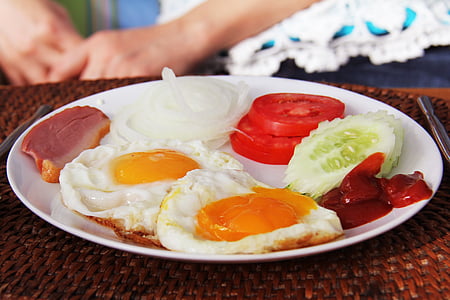 fried eggs; sliced tomatoes; sliced cucumber; and sliced meat on plate thumbnail