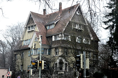 gray and brown house and bare trees thumbnail