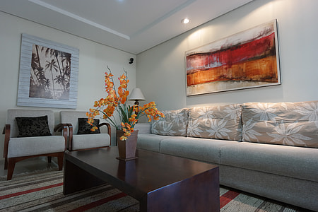 gray fabric sofa set with brown wooden coffee table thumbnail