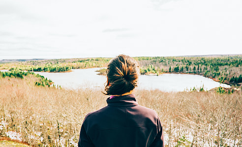 woman, brown, jacket, lake thumbnail