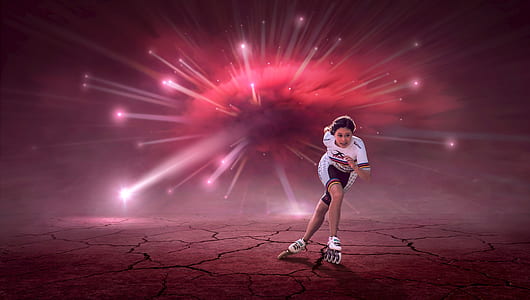 woman in white shirt and pair of white inline skates thumbnail